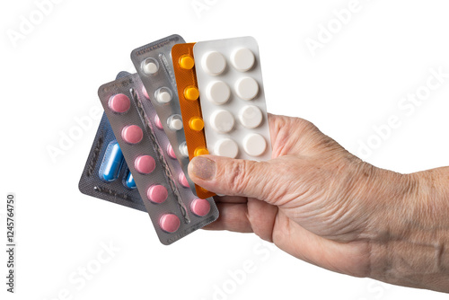 Senior female hand holding various blister packs of prescription medication, antibiotic pills, painkiller capsules, isolated on a transparent background. Healthcare, elderly care, medical treatment 