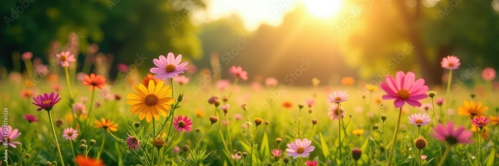 Blooming wildflowers in the sunlight with trees in background, nature reserve, sunlight, open fields Blooming wildflowers in the sunlight with trees in background, nature reserve, sunlight, open fields
