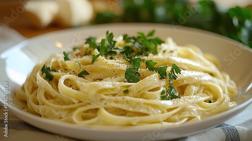 Creamy pasta dish, garnished with parsley, kitchen setting, food photography