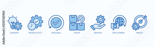 Optimizing Productivity And Service Deployment Icon Set Isolated Vector Illustration Concept With Icon Of Concept, Productivity, Available, Stock, Service, Deployment, Target In Blue Style