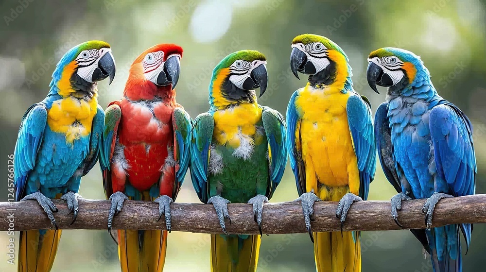 Obraz premium Colorful macaws perched on branch, jungle background, wildlife photography