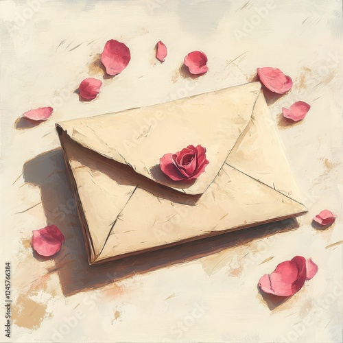 Envelope adorned with rose petals, romantic vibe