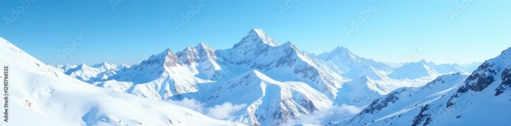 Snowy mountain peaks stretching towards a bright blue sky, blue sky, winter wonderland Snowy mountain peaks stretching towards a bright blue sky, blue sky, winter wonderland