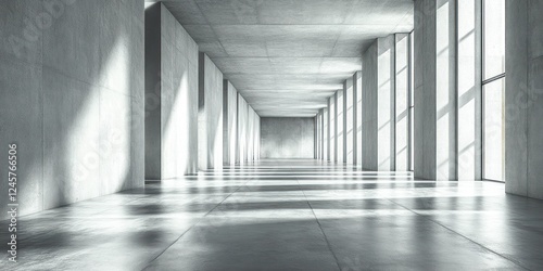 Modernist Concrete Interior Room with High Narrow Windows and Ocean View