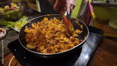 A close-up view of the hands of a white man preparing handmade traditional Spanigh Migas Pastora with a wooden spoon. 4K photo