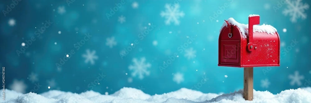 Blue background with a red Christmas mailbox and snow, snowy, icy, holiday Blue background with a red Christmas mailbox and snow, snowy, icy, holiday