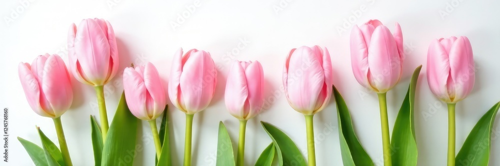 Fototapeta premium Pastel pink tulips against white background with a subtle copy space, flat lay, greenery, pastel colors