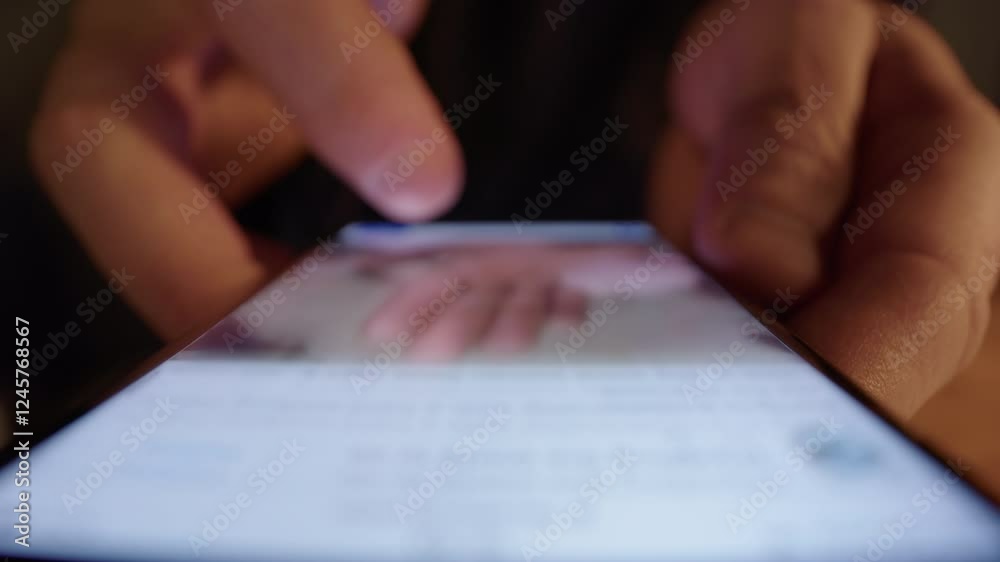 Fingers scrolling mindlessly on smartphone social media app, digital addiction