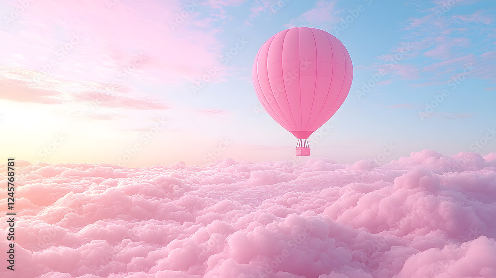 Obraz premium Pink Hot Air Balloon Dream: A pastel pink hot air balloon floats serenely above a sea of fluffy pink clouds, bathed in the soft glow of a sunrise or sunset. A dreamy.
