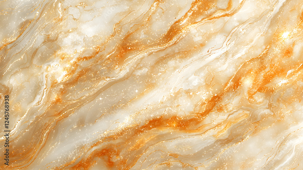 Obraz premium Golden Swirls Marble: A close-up abstract texture shot of a luxurious marble surface, featuring a captivating blend of creamy white and golden-brown veins that create a mesmerizing swirl pattern.