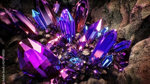 Vibrant purple-blue crystals cluster in dark cave, background texture