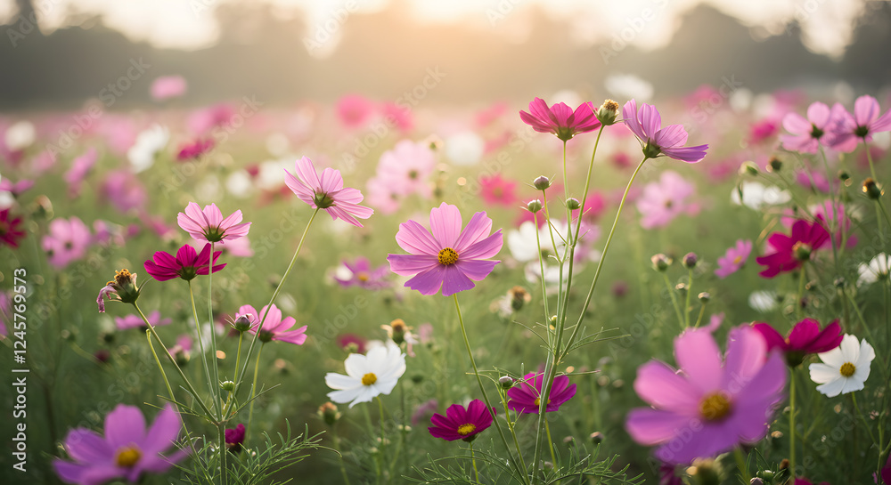 Floral Paradise: A vibrant field of cosmos flowers in full bloom, showcasing a beautiful spectrum of pinks, whites, and purples under a soft, diffused sunlight. Floral Paradise: A vibrant field of cosmos flowers in full bloom, showcasing a beautiful spectrum of pinks, whites, and purples under a soft, diffused sunlight.