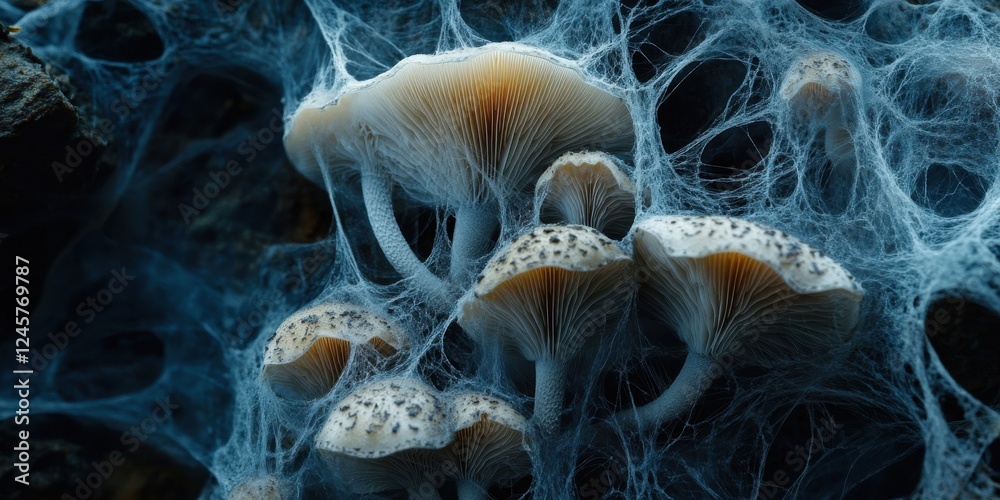 Obraz premium Fungal Communication on a mycelium networks revealing symbiotic relationships and the intricate signaling between fungi and plants