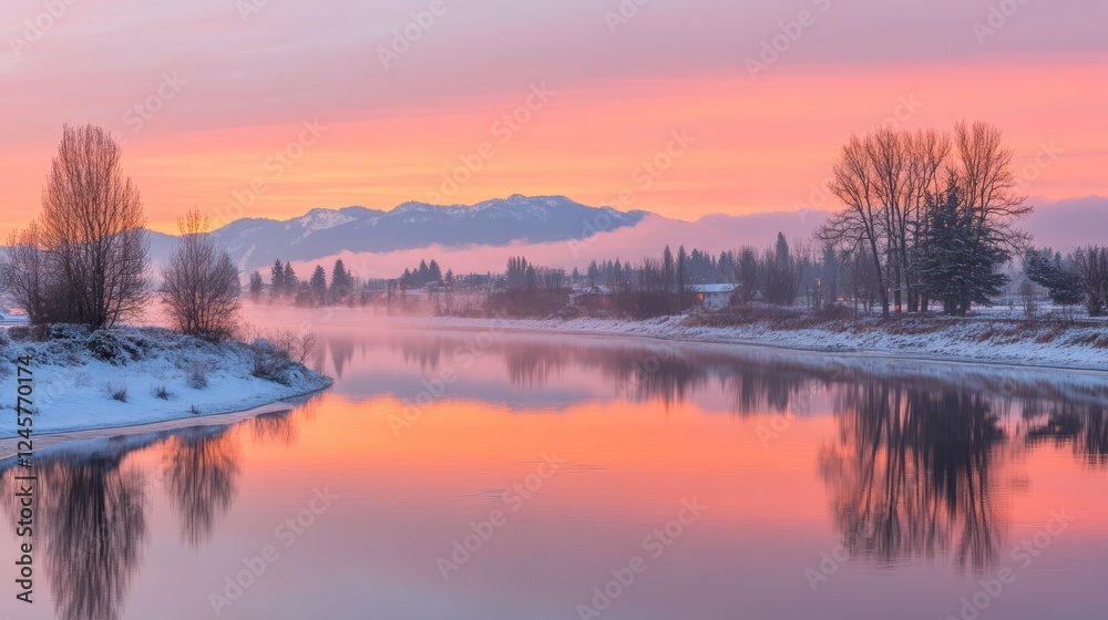 Fototapeta premium Serene winter sunrise over calm river.