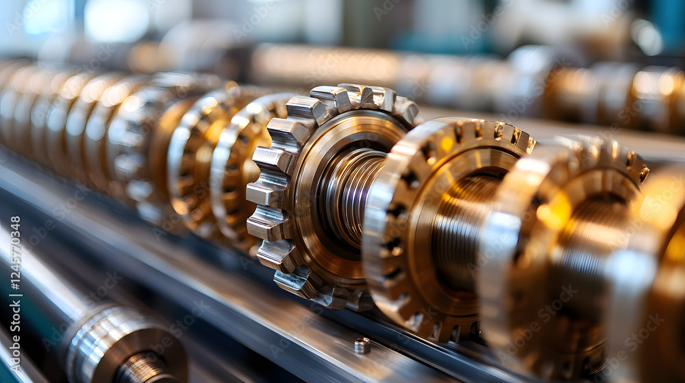 Obraz premium Precision Engineering: Close-up of intricate gears and metal components in a complex machinery system, showcasing precision engineering and industrial technology. 