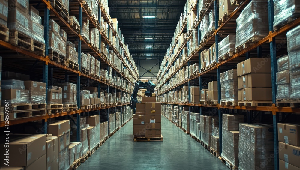 Robotic Arm Stacking Boxes in a Warehouse Aisle, Industrial Automation and Logistics Technology Concept, Efficient Supply Chain Operations Robotic Arm Stacking Boxes in a Warehouse Aisle, Industrial Automation and Logistics Technology Concept, Efficient Supply Chain Operations