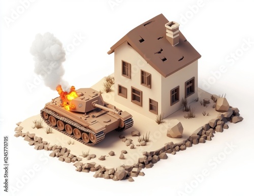 Burning Tank Near Damaged House: A Low-Poly 3D Render Depicting War's Devastation photo