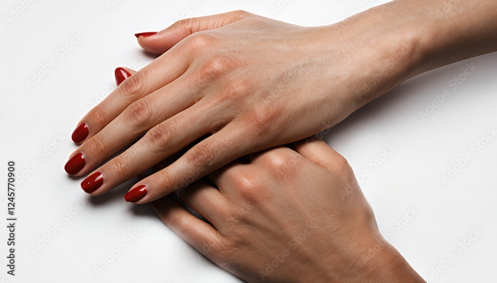 Naklejka premium Close-up of female hands with red manicured nails