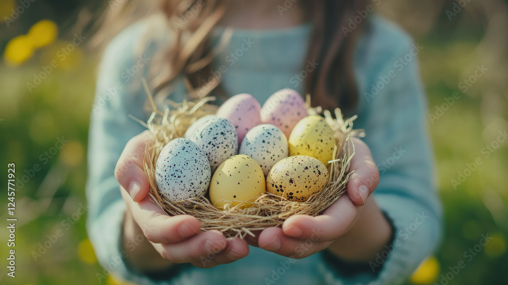 Kid holding out painted Easter eggs for Easter celebration Kid holding out painted Easter eggs for Easter celebration