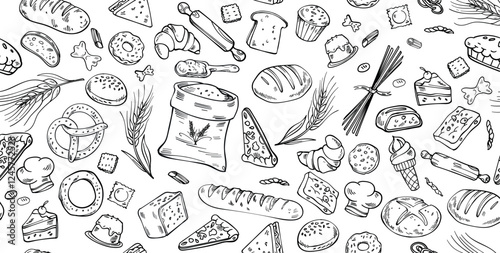 Bakery background. horizontal Hand drawn sketch with bread, pastry, sweet. Bakery set vector illustration. vector illustration