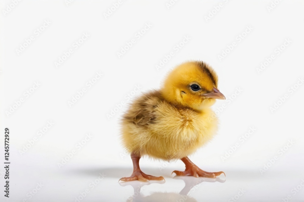 A tiny yellow chick with small feet set against a white background.