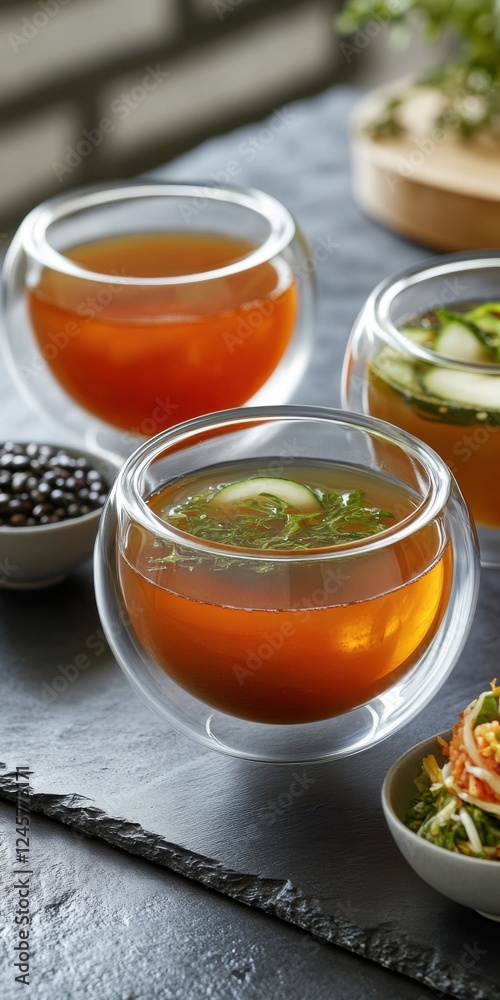Probiotic infused bone broth served in glass. Sliced daikon radish and pickled seaweed float gracefully Probiotic infused bone broth served in glass. Sliced daikon radish and pickled seaweed float gracefully