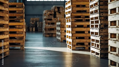 Stacked Wooden Pallets in a Spacious Warehouse Storage Facility with Industrial Lighting and Logistics Operations

 photo