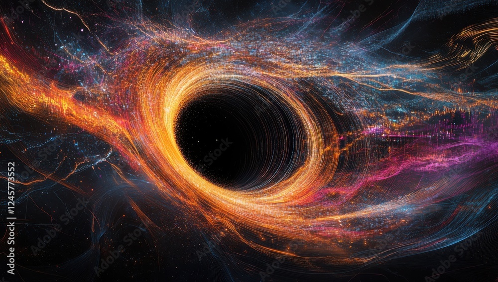 Naklejka premium Stunning Representation of Galactic Black Hole with Colorful Star Trails and Cosmic Elements in Outer Space Illustration
