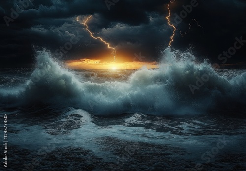 stormy ocean scene with dramatic waves lightning and dark clouds at night photo