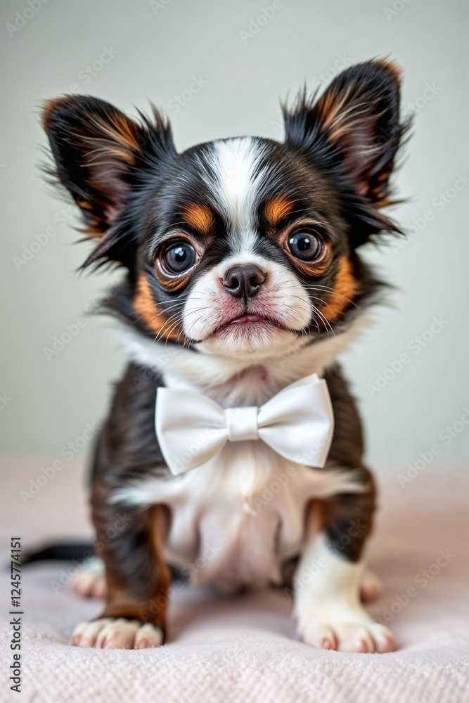 Adorable Chihuahua puppy wearing a white bow tie Adorable Chihuahua puppy wearing a white bow tie