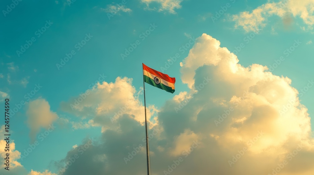 An Indian flag flapping atop a tall flagpole, clouds in the background, representing strength and unity, An Indian flag flapping atop a tall flagpole, clouds in the background, representing strength and unity,