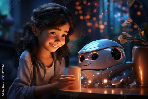 A family using a voice-activated assistant at home photo