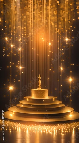 A majestic golden podium, shimmering under a cascade of sparkling lights, surrounded by a sea of twinkling stars
