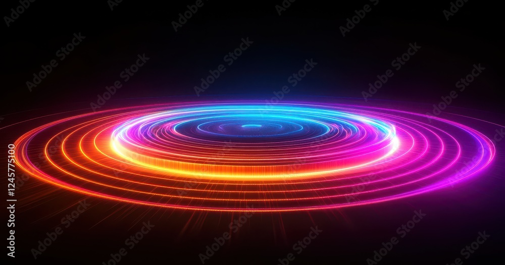 Fototapeta premium Vibrant Abstract Light Rings with Neon Colors Creating a Dynamic Circular Pattern on a Dark Background for Use in Digital Design Projects