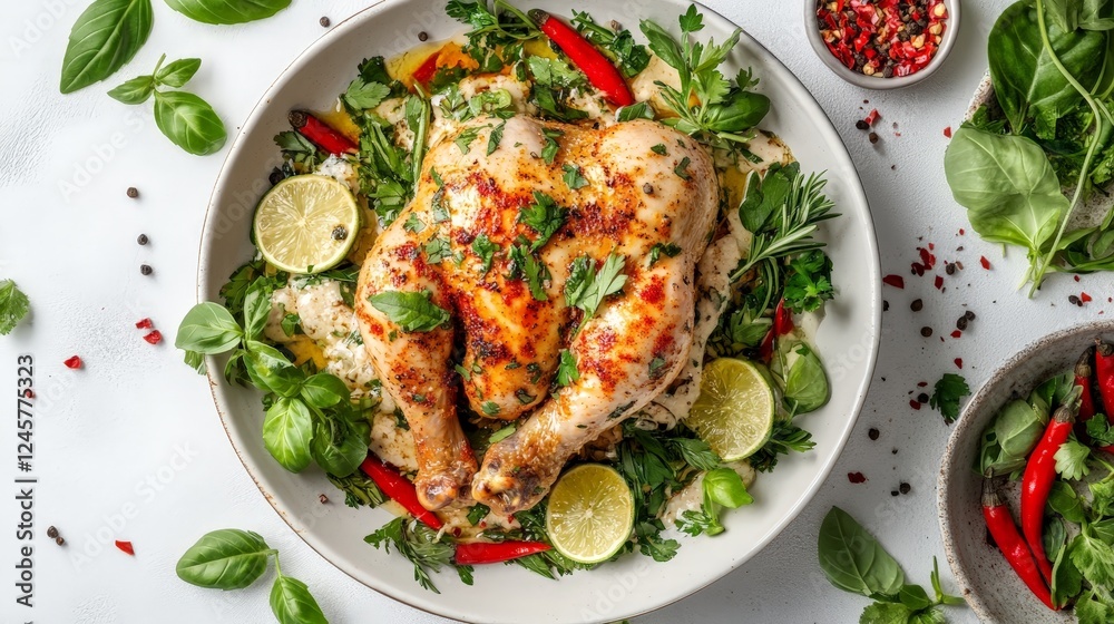 A beautifully arranged plate of roasted chicken garnished with herbs and lime. A beautifully arranged plate of roasted chicken garnished with herbs and lime.
