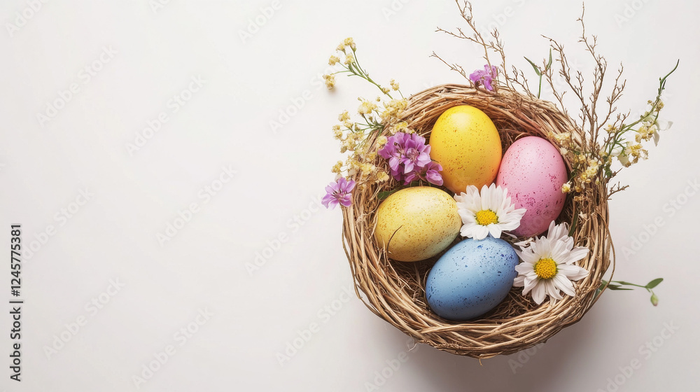 Vibrant Easter basket with colorful eggs and flowers for Easter holiday Vibrant Easter basket with colorful eggs and flowers for Easter holiday