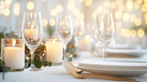 Elegant Table Setting with Golden Cutlery and Crystal Glasses