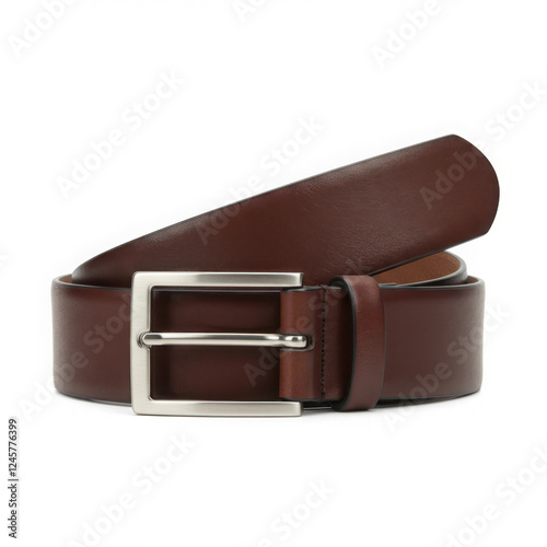 Dark Brown Leather Belt with Silver Buckle,isolated on white