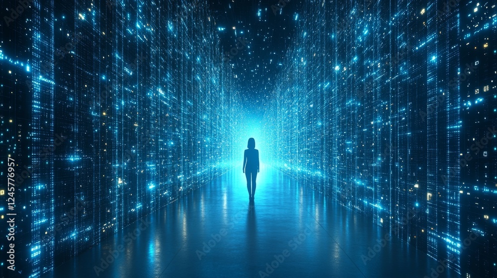 Fototapeta premium Woman Walking Through Digital Corridor: A Journey into the Metaverse