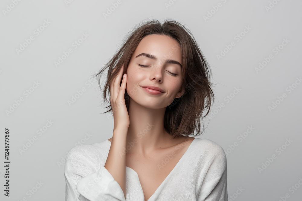 A studio portrait of a woman with a peaceful expression, her eyes closed and a slight smile A studio portrait of a woman with a peaceful expression, her eyes closed and a slight smile