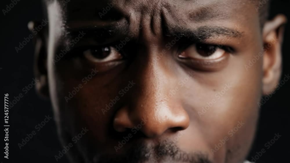 Dramatic static video, close-up of a young black man showing fear, single source lighting
