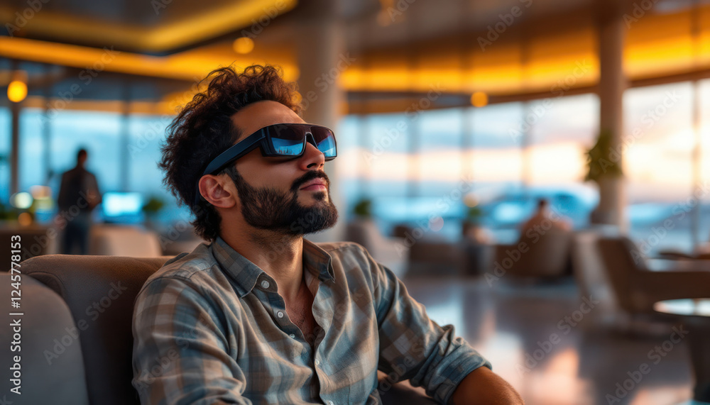 Man Relaxing in Modern Lounge, Sunset View Man Relaxing in Modern Lounge, Sunset View