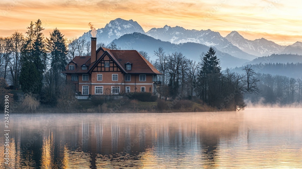 Fototapeta premium Sunrise over lake, house, mountains reflection.