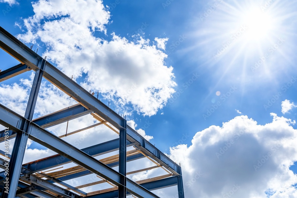Steel frame building construction, sunny sky Steel frame building construction, sunny sky