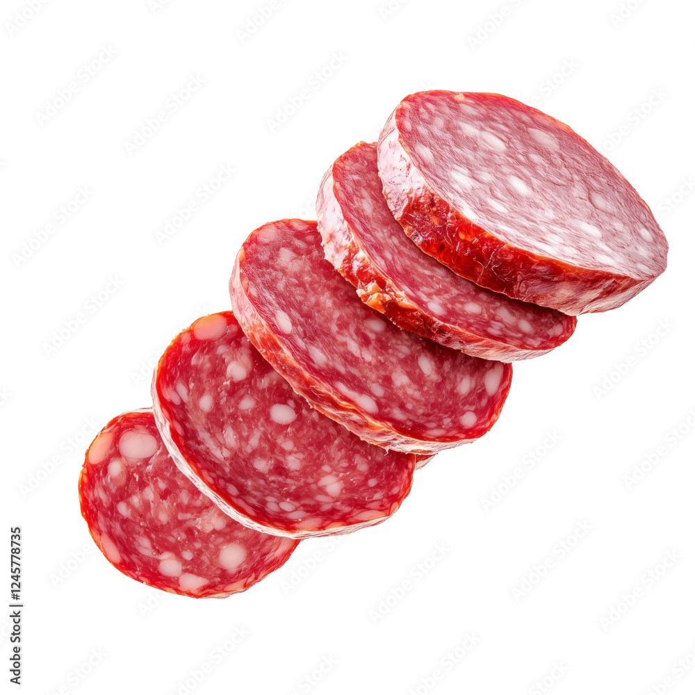 Close-up of Saucisson Sec slices isolated on white transparent background. Concept of fresh deli meat and gourmet food. Close-up of Saucisson Sec slices isolated on white transparent background. Concept of fresh deli meat and gourmet food.