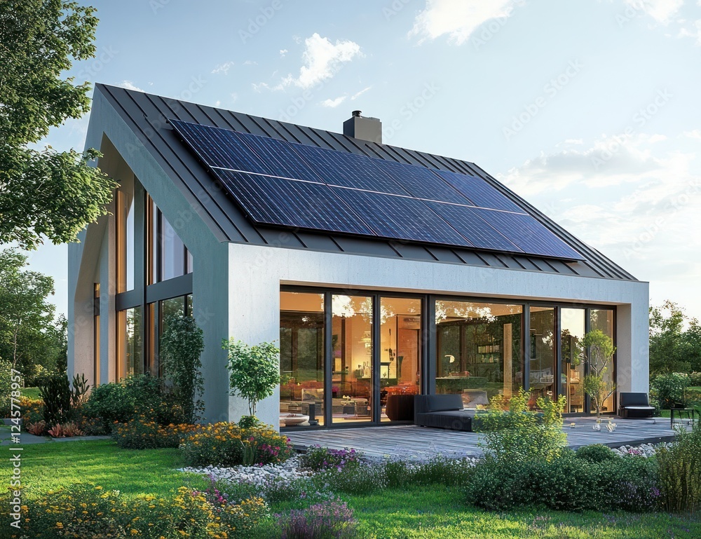 Modern Minimalist House with Solar Panels and Bright Sunlight Modern Minimalist House with Solar Panels and Bright Sunlight
