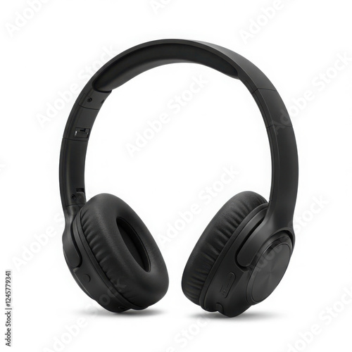 Modern black over-ear wireless headphones with cushioned ear cups for premium sound quality,isolated on white