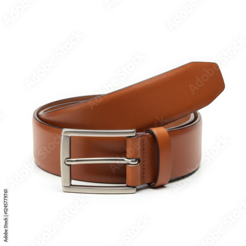 Elegant brown leather belt with a sleek silver buckle for men’s formal and casual wear, isolated on white