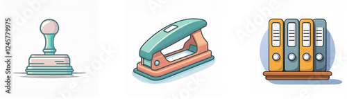 Three office items are depicted: a rubber stamp, a teal stapler, and four file binders sitting on a shelf. These are common office supplies. photo