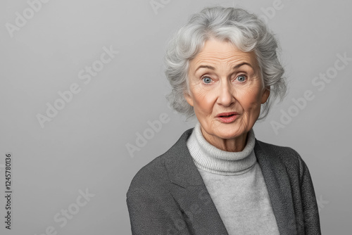 A studio portrait of an elderly woman showing surprise, her mouth slightly open and eyes wide photo